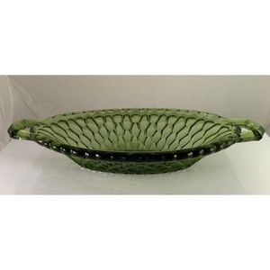 Vintage Avocado Green Indiana Glass Oval Honeycomb Relish Dish With Handles